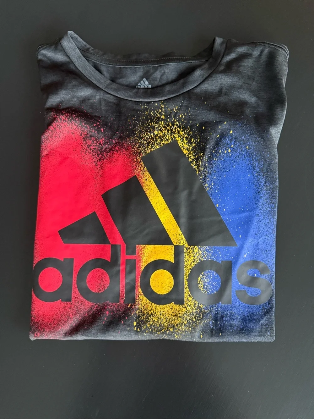 adidas Black Short-Sleeve Tee with Red, Yellow & Blue Splash Logo kids 14-16